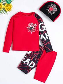 SHEIN 3入組男孩休閑舒適蜘蛛網圖案透氣長袖、對比色短褲和游泳帽套裝,適用於春夏假期 - 紅色 - 查看 1