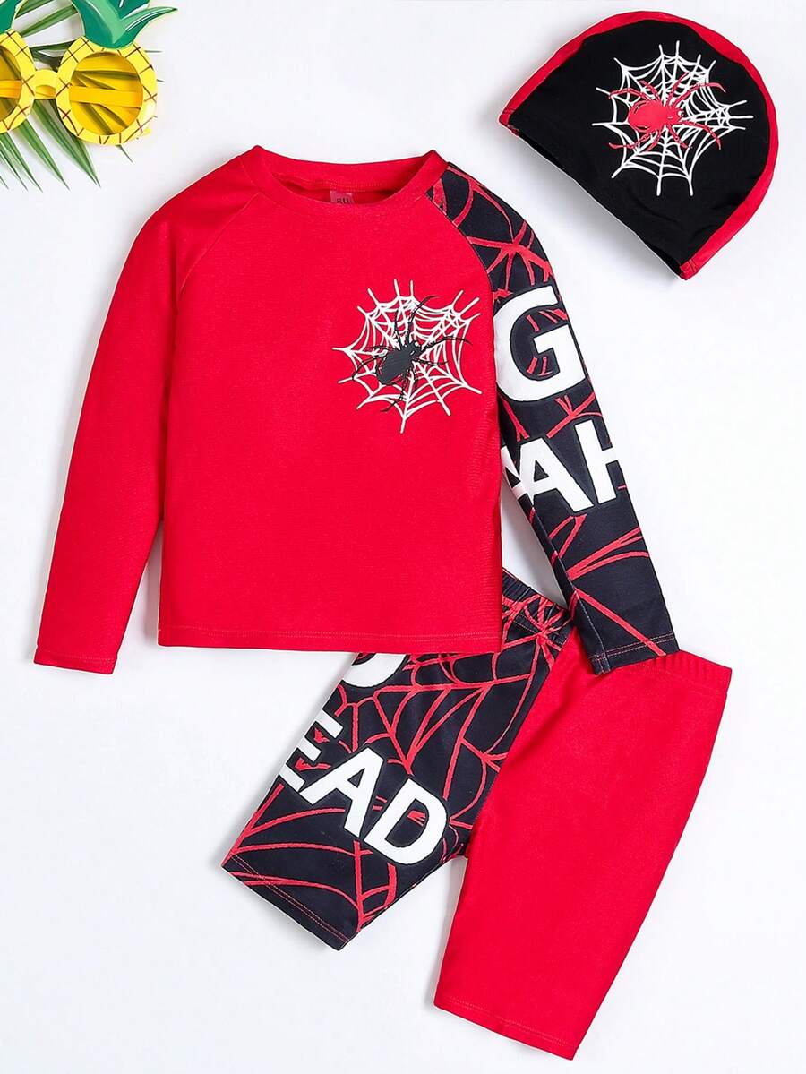 SHEIN 3入組男孩休閑舒適蜘蛛網圖案透氣長袖、對比色短褲和游泳帽套裝,適用於春夏假期 - 紅色 - 查看 1