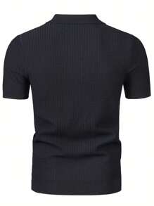 Men's Summer Solid Color Lightweight Knitted Short Sleeve Top - Black - View 2