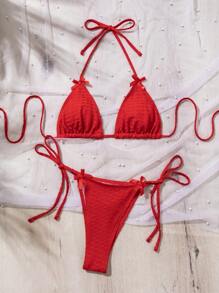 SHEIN Swim Conjunto de bikini de unicolor para verano - Rojo - Ver 3