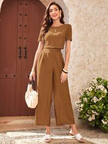 Seusyu 女士纯色短袖上衣和阔腿裤两件套 2件套