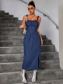 SHEIN ICON Của phụ nữ Đúng mốt Denim Hai Dây Khe Đầm - Màu xanh lam - Xem 5