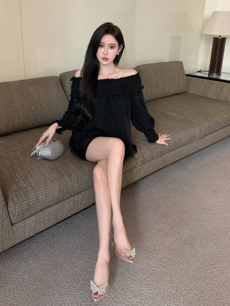 Off-The-Shoulder Ruffle Trim Chiffon Long Sleeve Blouse,Off Shoulder Top,Fall Women Clothes