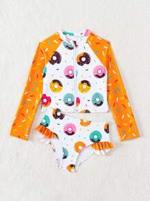 Tween Girl Colorblock Donut Print Swimwear Set - Multicolor - View 3