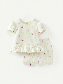 Cozy Pixies Baby Girls' Casual Knit Soft Ruffle Trim Round Neck Short Sleeve Top And Shorts 4pcs Set Matching Set - Apricot - View 11