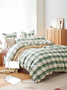 LongNap™ 3-teiliges Bettbezug-Set im Premium Gingham Preppy Stil, dicker Stoff mit 95GSM, angenehmes und atmungsaktives Gefühl für heiße Schläfer, ideal für Schlafzimmer oder Studentenwohnheime, Bettbezug mit Knöpfen und 8 Eckbändern *1, Kissenbezug *1/2, Grün