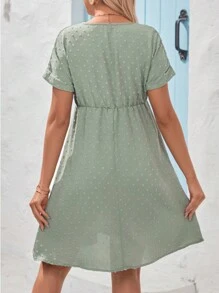 SHEIN Maternity Swiss Polka Dot Batwing Sleeves Belted Dress - Green - View 2