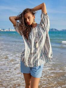 Anewsta Vacation Style Loose Short Sleeve Shirt With Beach Floral Print, Fringe & Wide Band, Women's - Green - View 3