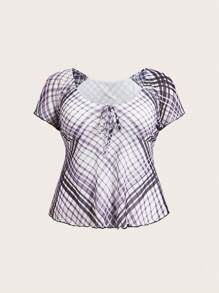 SHEIN Qutie Plus Size Women's Plaid Mesh Double Layer T-Shirt - Black and White - View 1
