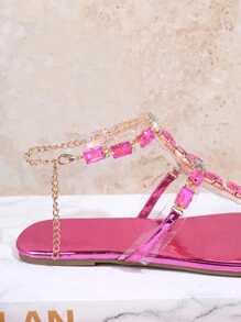 SHUZIA 女式度假用寶石裝飾純色熱粉色拖鞋 - 玫紅色 - 查看 4