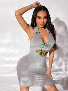 SHEIN SXY Vestido Sin Mangas Con Cuello Y Halter Para Mujer Con Diseño De Estampado De Coche