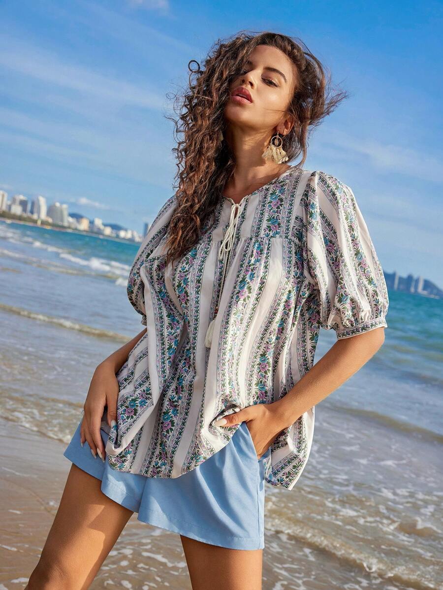 Anewsta Vacation Style Loose Short Sleeve Shirt With Beach Floral Print, Fringe & Wide Band, Women's - Green - View 1