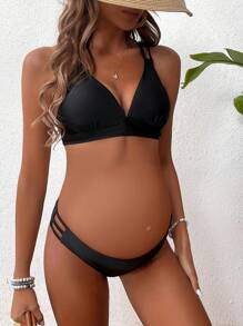 SHEIN Maternity Solid Color Back Cross Bikini Set Set Summer Beach - Black - View 4