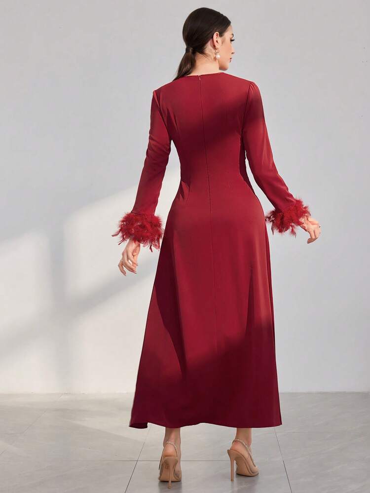 Burgundy Red Women's Feather Patchwork Fur Cuff Arabic Style Dress,Elegant Evening Party Dress Long Evening Dresses