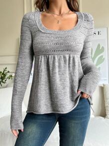 SHEIN EZwear Women's Oversized Round Neck Babydoll Sweater - Grey - View 4
