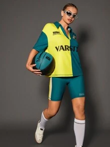 VARSITIE Lá thư In Khối màu Thả vai Áo polo - Nhiều màu - Xem 4