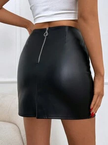 EURMUSE PU Leather Slit Hem Bodycon Skirt - Black - View 2