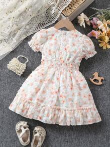 Đứa bé gái 3D Hoa Dệt hoa Cổ chữ V Với Thắt Lưng Váy chữ A - Nhiều màu - Xem 2