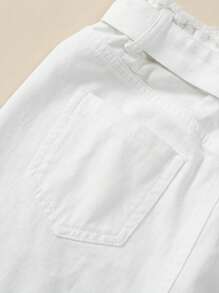 SHEIN Explorewe Tween Girl Retro Street Style Denim Skirt With Frayed Hem, Waist Belt, Loose & Comfortable Fit, School, Campus, College - White - View 7