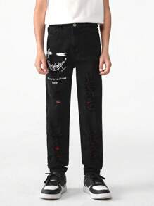 Tween Boy Black Distressed Cutout Pants - Black - View 3