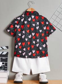 SHEIN Young Boys' Cute Loose-Fit Heart Print Shirt And Solid Color Shorts Set - White - View 2