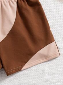 SHEIN 青少女編織拼色背心和寬鬆編織休閒短褲2件套裝 - 卡其色 - 查看 3