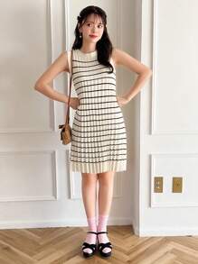 FRIFUL Của phụ nữ Sọc Không tay Đầm Áo len - Màu be - Xem 6