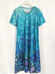 SHEIN LUNE 植物印花前開叉大碼連衣裙 - 彩色 - 查看 3