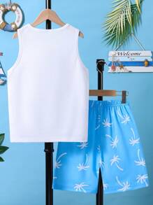SHEIN Tween Boys' Palm Tree Print Tank Top And Shorts Set, School, Campus, College - Blue and White - View 3