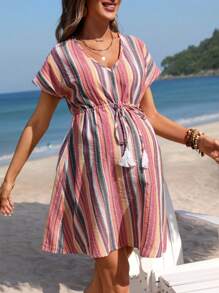 SHEIN 孕妇条纹 V 领蝙蝠袖连衣裙 - 彩色 - 查看 5