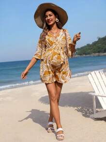 SHEIN Maternity V-Neck Plant Print Jumpsuit - Yellow - View 5