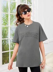 SHEIN 少女圓領寬鬆3d浮雕短袖休閒t恤 - 灰色 - 查看 4