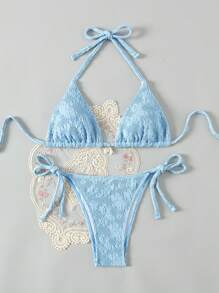 SHEIN Swim 女士花紋紋路荷葉領比基尼套裝 - 藍色 - 查看 3