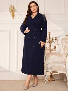 Modelyn Plus Size Women's Double Breasted Long Sleeve Modest Dress - Blue - View 6