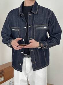 DAZY Men Zip Up Pocket Patched Denim Jacket - Blue - View 7
