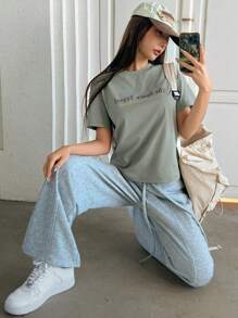DAZY 女士宽松圆领短袖字母印花T恤太空旅行这是人类的一次突破，秋季服装，返校服装 - 綠色 - 查看 4