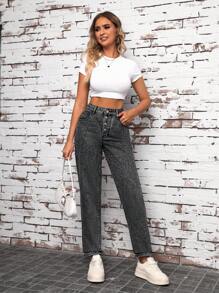 SHEIN Tall Button Fly Tapered Mom Fit Jeans - Dark Grey - View 3