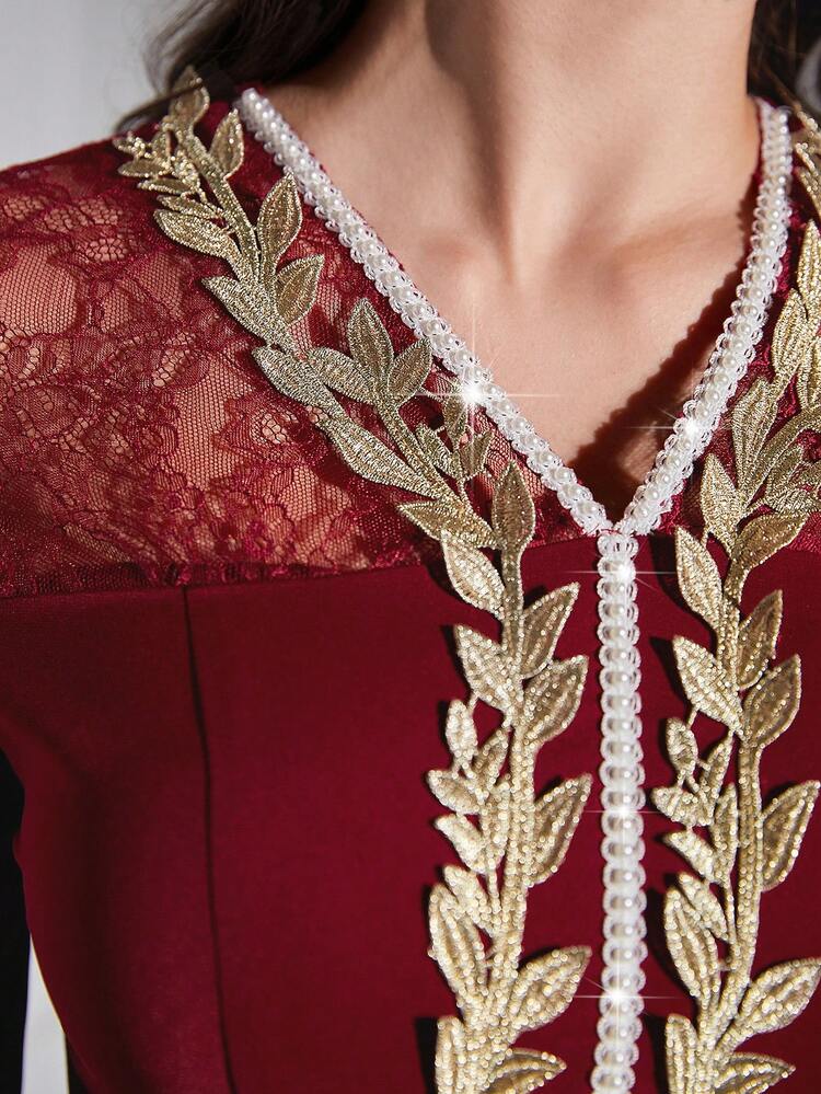 Burgundy Red Women's Lantern Sleeve Embroidered Lace Insert Floral Applique Dress