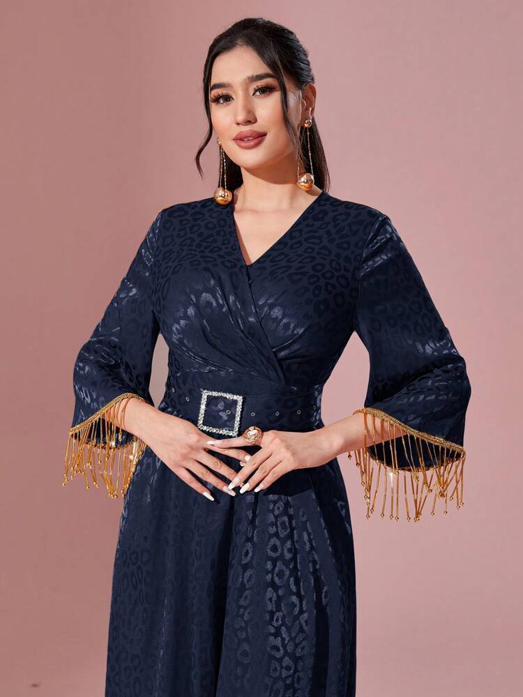 Women's Leopard Jacquard Arabian Dress With Beaded Fringe Cuff
