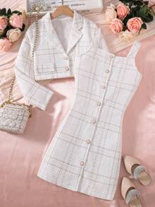Chica preadolescente Vestido de tirantes de cuadros tweed & Cazadora crop con botón delantero - Blanco - Ver 8