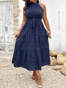 SHEIN Clasi Plus Size Polka Dot Print Halterneck Sleeveless Dress - Navy Blue - View 3