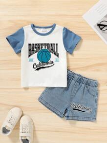 Young Boy's Soft Comfortable Breathable Basketball-Inspired Colorblock Tee With Slogan Pattern And Letter Printed Denim Athletic Shorts, Suitable For Casual, Daily Wear, Vacation Or Outdoors - Multicolor - View 3