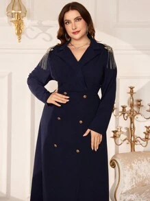 Modelyn Plus Size Women's Double Breasted Long Sleeve Modest Dress - Blue - View 5