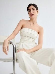 BizChic Women's Solid Color Pleated Strapless Jumpsuit - White - View 8