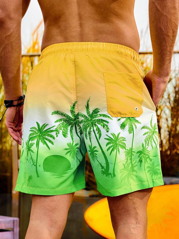 Men's Elastic Waist Coconut Tree Print Beach Shorts With Slanted Pockets