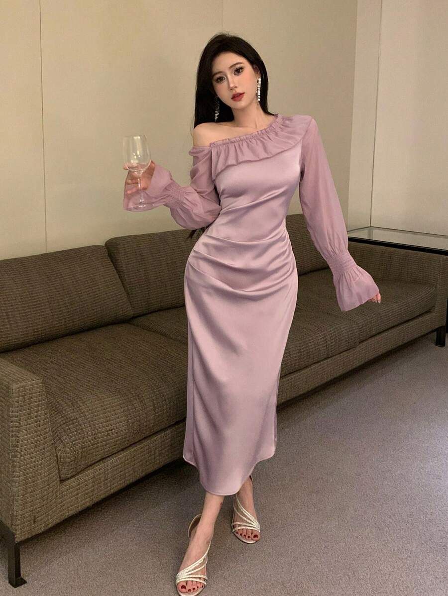 DAZY 女士荷叶边喇叭袖时尚长连衣裙，荷叶边下摆，生日、新年、舞会礼服，秋季长袖连衣裙，婚纱，优雅女士连衣裙