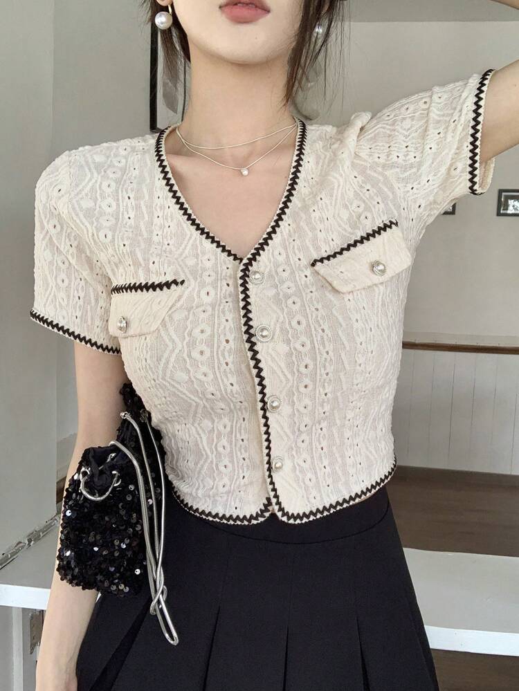 V-Neck Short Sleeve Color Block Top With Front Button,Crop Tops Women