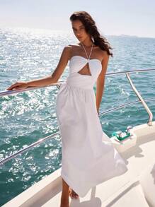 Anewsta Hollow Out Halter Neck Long Dress With Elastic Waist For Sexy Vacation Look, Women Cruise Outfit - White - View 1