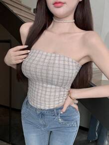 DAZY Top senza spalline a quadri per donna, top crop sexy, top per donna, abbigliamento per il ritorno a scuola, top per uscire, top tubo - Bianco - Visualizzare 3