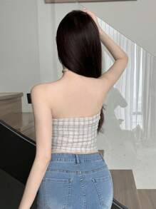 DAZY Top senza spalline a quadri per donna, top crop sexy, top per donna, abbigliamento per il ritorno a scuola, top per uscire, top tubo - Bianco - Visualizzare 5